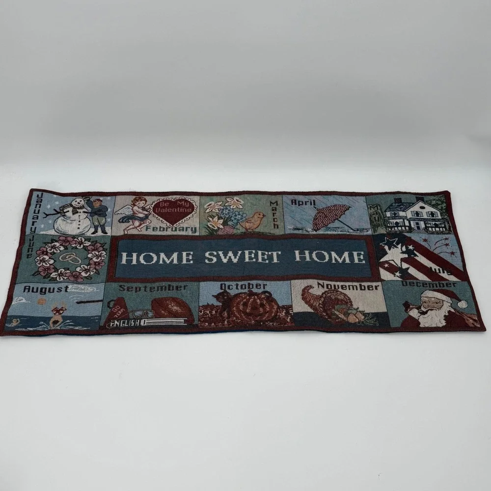 Vintage Woven Tapestry Table Runner Home Sweet Home Monthly Calendar Seasonal